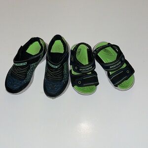 Sketchers Little Boy sneakers, size 9, sandals size 7. Black and green